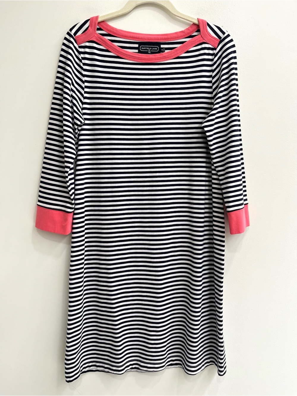 Duffield Lane Dress Medium Navy White Coral Striped Boat Neck 3/4 Sleeves Summer